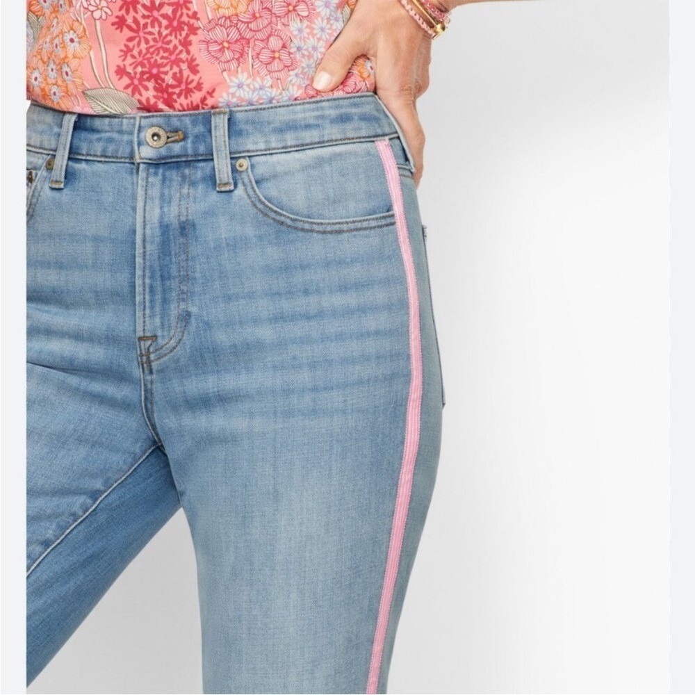 Talbots Modern Ankle Jeans Pink Ribbon Denim Colorful Embellished Size 16 - Picture 2 of 14